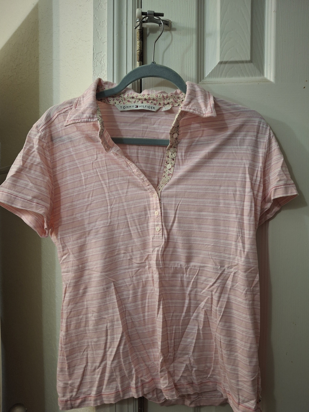 Tommy Hilfiger Pale Pink Striped Short-Sleeve Button-Down Top